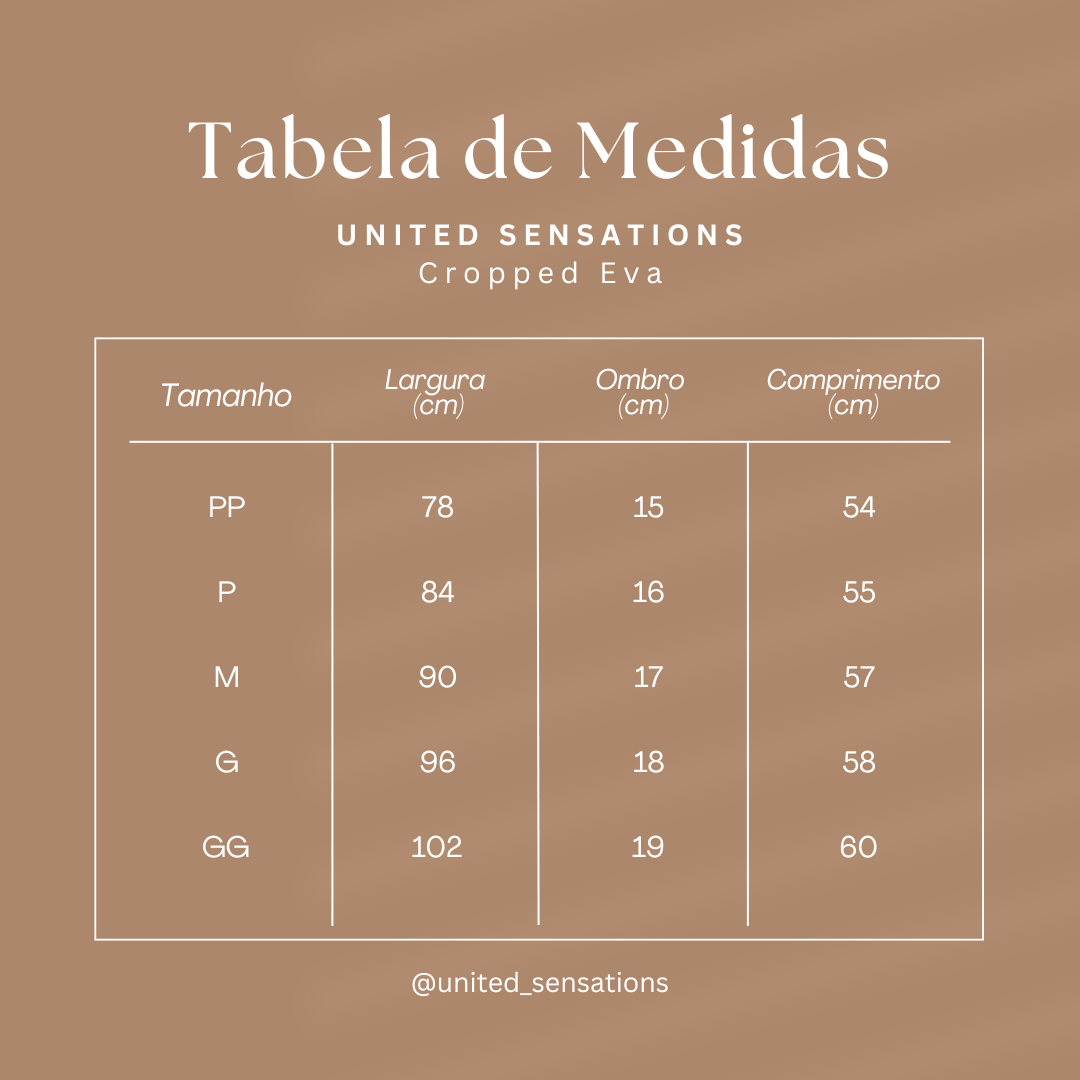 Tabela de medidas da camiseta
