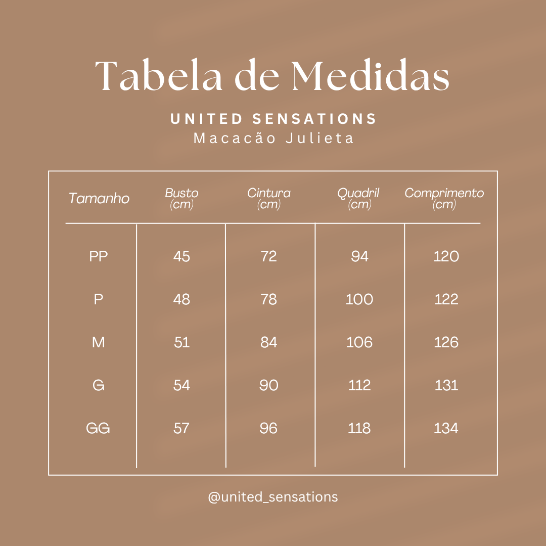 Tabela de medidas do macacao