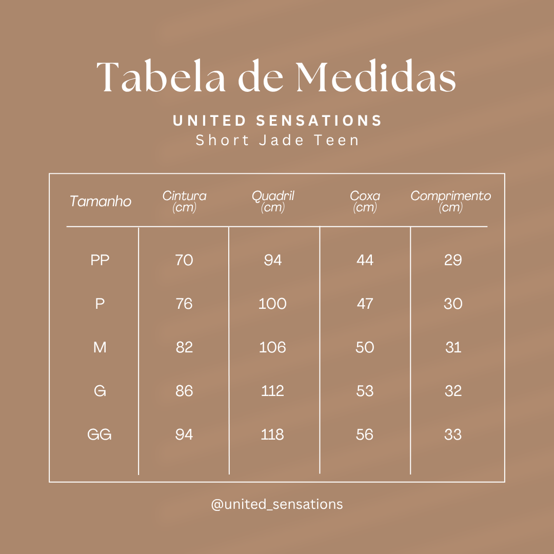 Tabela de medidas do shorts